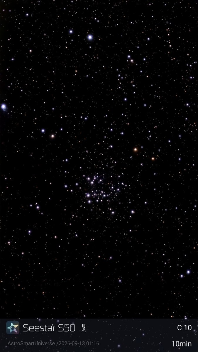 AstroSmartUni's tweet photo. ☄️🔭
📱
Name: Lawnmower Cluster (NGC 663)
Constellation: Cassiopeia
Distance: 6 to 8.8 kly
Smart Telescope: Seestar S50
Mount: Alt-Azimuth
Bortle Scale: Class 7
Exposure Time: 10 min
Filter: Built-in Filter
Image Processing: Seestar App
#NGC663 #opencluster #seestar #space https://t.co/JB2b8JBNG3