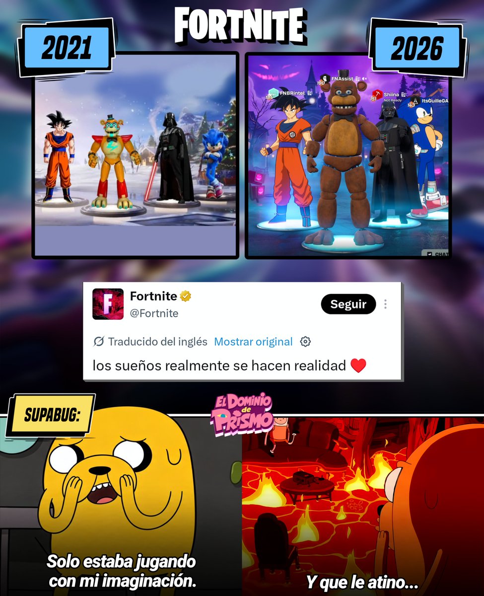 DominiodePrismo's tweet photo. 🎮🚌 La cuenta oficial de Fortnite reaccionó al meme de 2021 que finalmente se hizo realidad.

💬 «Los sueños realmente se hacen realidad». https://t.co/hmSTzZfEyS