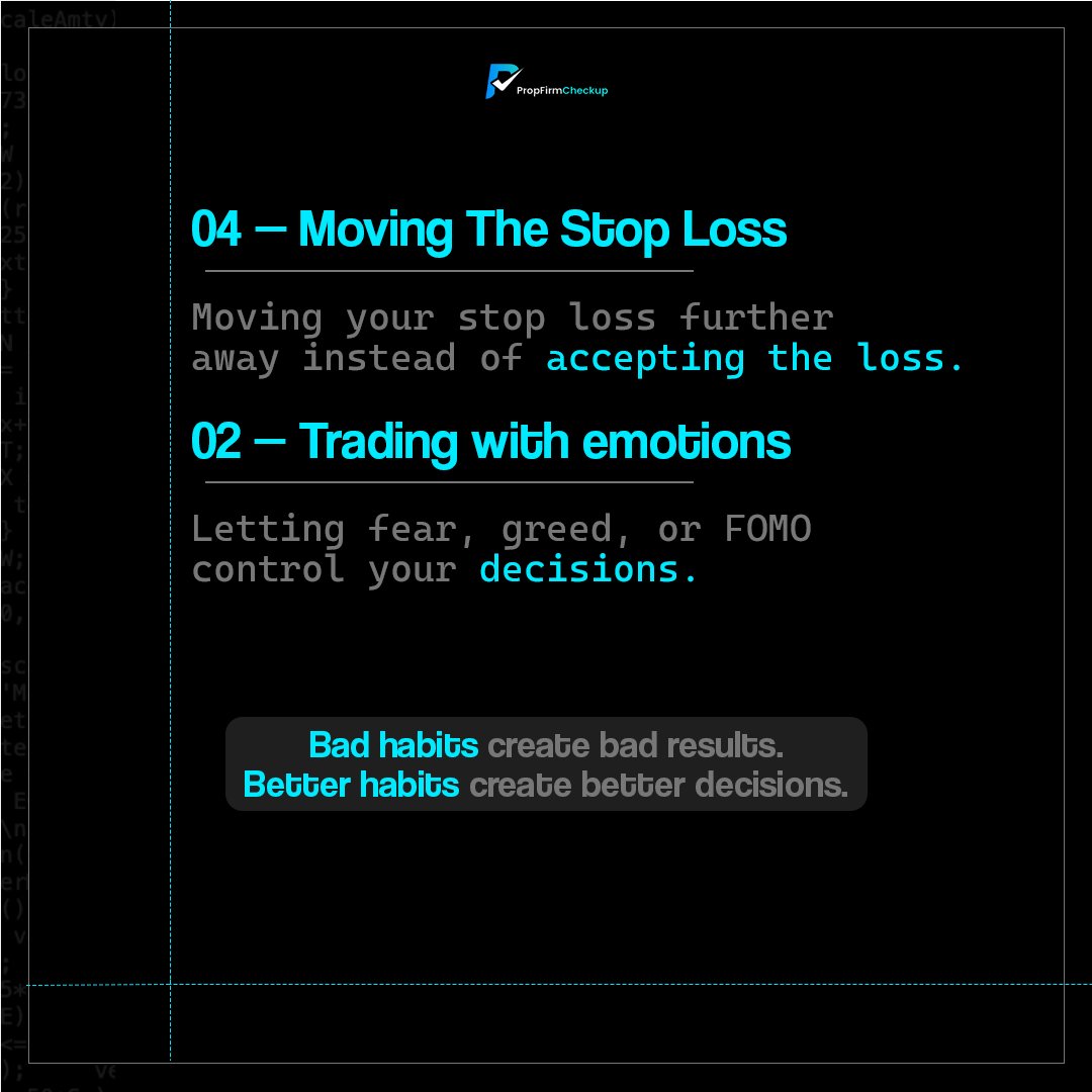PropFirmChekup's tweet photo. 5 habits that can quietly hold a trader back. 📉

Overtrading, chasing losses, trading without a plan, moving your stop loss, and letting emotions control your decisions can all affect your trading discipline.

The goal isn’t to take more trades — it’s to make better decisions.

Identify the habit. Fix the pattern. Improve the trader.

#Trading #TradingPsychology #TraderMindset #ForexTrading #PropTrading #FundedTrader