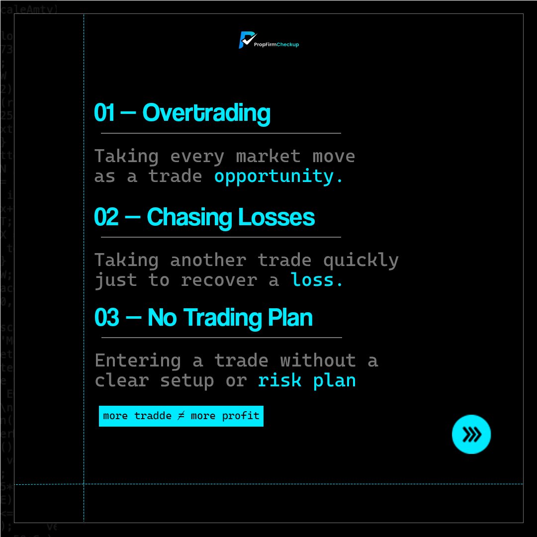 PropFirmChekup's tweet photo. 5 habits that can quietly hold a trader back. 📉

Overtrading, chasing losses, trading without a plan, moving your stop loss, and letting emotions control your decisions can all affect your trading discipline.

The goal isn’t to take more trades — it’s to make better decisions.

Identify the habit. Fix the pattern. Improve the trader.

#Trading #TradingPsychology #TraderMindset #ForexTrading #PropTrading #FundedTrader