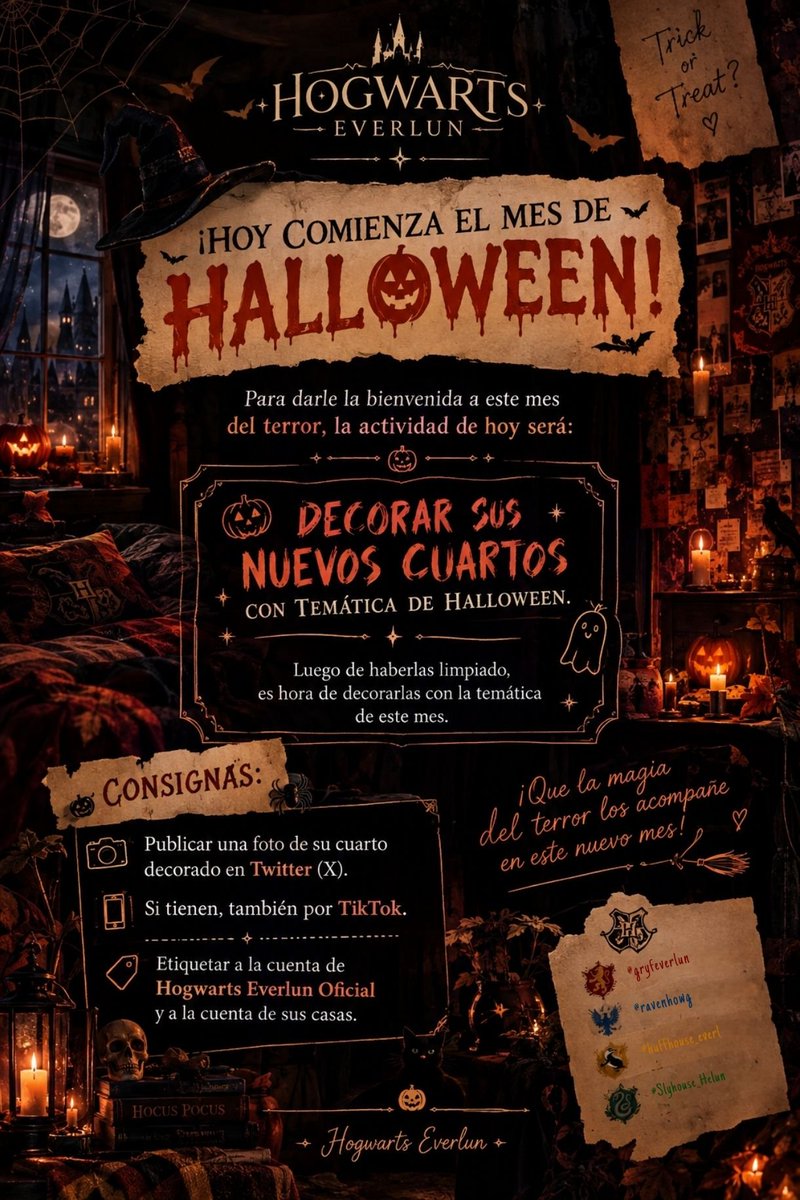 ravenhowg's tweet photo. 🎃 ݁ ˖ִ ࣪ 𝐇𝐀𝐋𝐋𝐎𝐖𝐄𝐄𝐍 𝐋𝐋𝐄𝐆𝐎 𝐀 𝐄𝐕𝐄𝐑𝐋𝐔𝐍  ⸝⸝    🕯️

¡En Hogwarts Everlun le damos inicio al mes más espeluznante del año!

Luego de que el día de ayer hayan limpiado sus habitaciones el día de hoy les tocará darles una personalidad más terrorifica. https://t.co/NBLeVbrDRm
