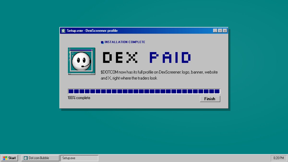 dotcombubble_'s tweet photo. DEX PAID

Installation complete, $DOTCOM now has its full profile on DexScreener https://t.co/uBpzvGGR9I