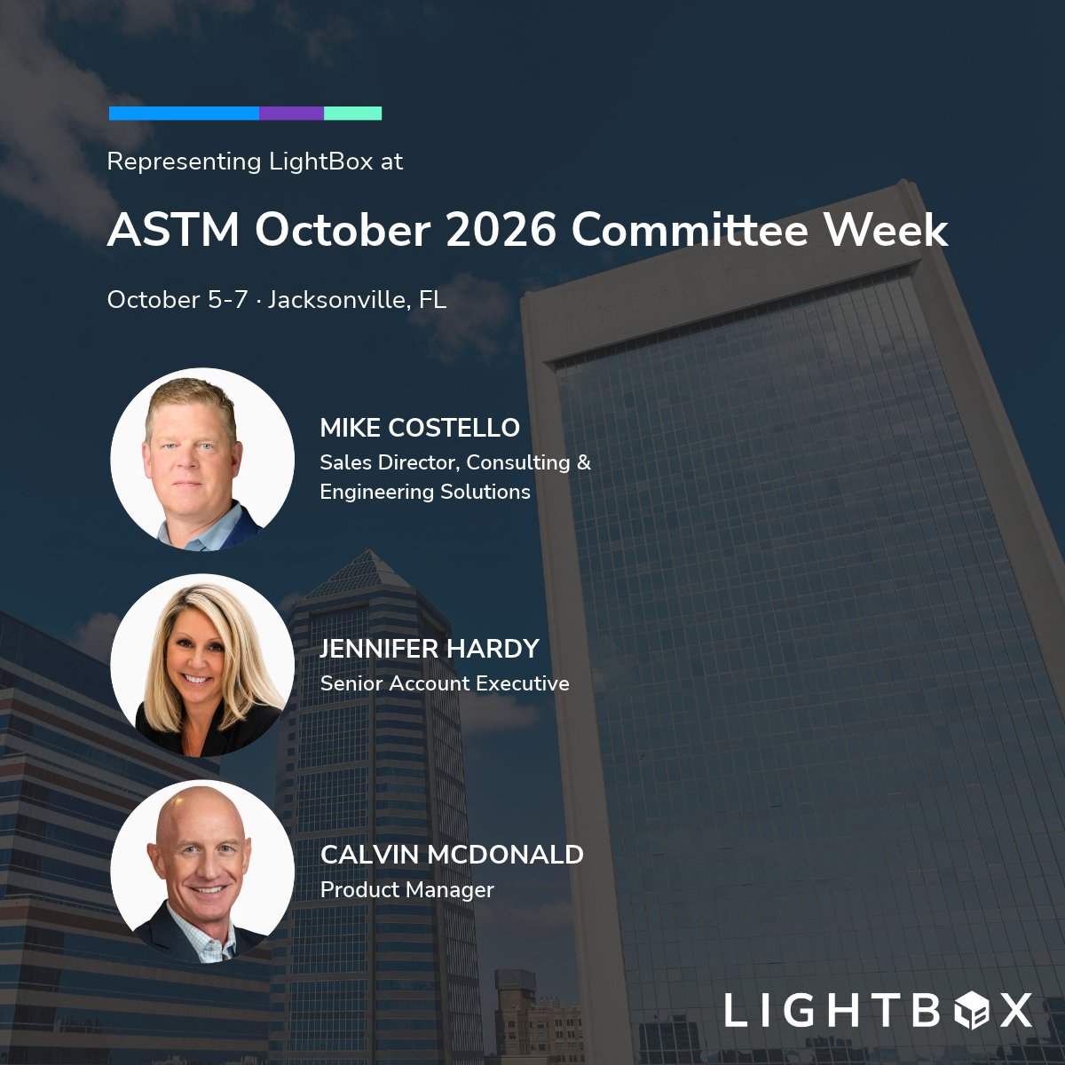 LightBoxRE's tweet photo. @LightBoxRE is looking forward to joining ASTM's October 2026 Committee Week in Jacksonville, Florida, October 5–7.

Mike Costello, Jen Hardy, and Calvin McDonald will be attending the E50 Environmental Assessment, Risk Management and Corrective Action sessions at the Hyatt Regency Jacksonville Riverfront.

We look forward to connecting with industry professionals and discussing the latest developments shaping environmental assessment and risk management.

@ASTMIntl