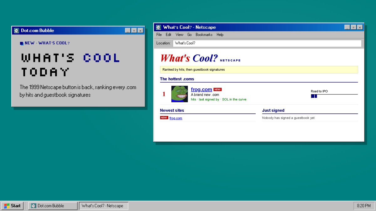 dotcombubble_'s tweet photo. What's Cool? is back

The 1999 Netscape button now ranks every .com on the bubble by hits and guestbook signatures, newest sites and fresh signatures right next to it

Get your .com on the list https://t.co/kG4I285Z3h