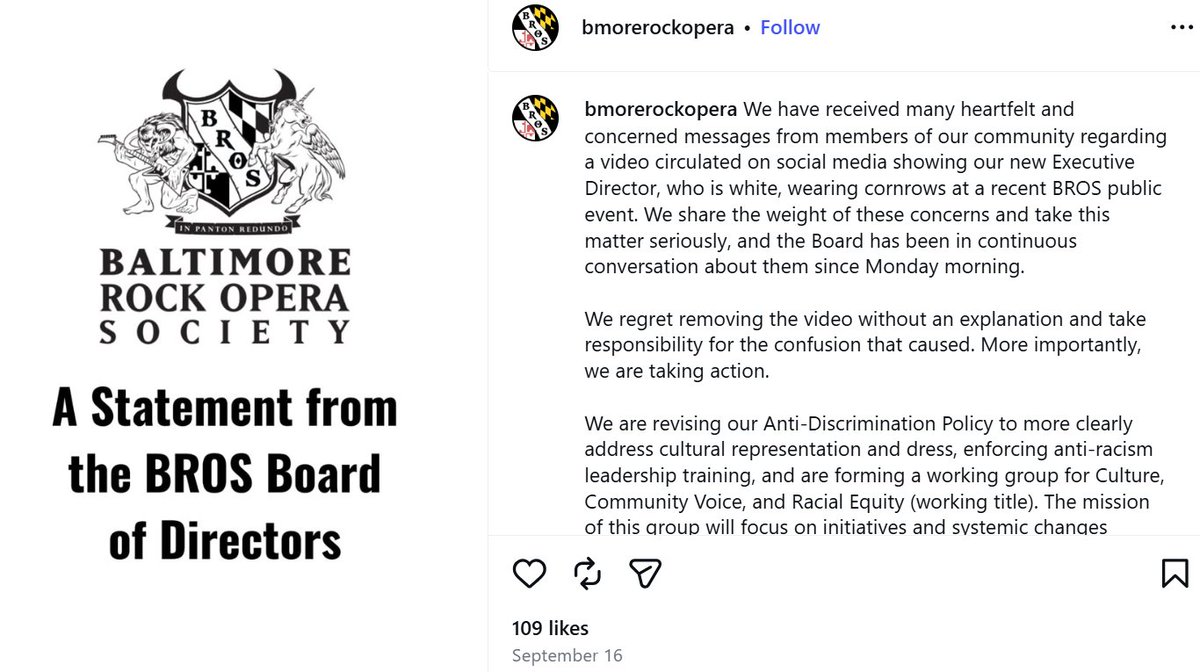 jessesingal's tweet photo. 1/ The Baltimore Rock Opera Society has fired its recently hired ED, a white lady, because evidence emerged she once wore her hair in cornrows. She was at Burning Man and said it is a weatherproof hairstyle, but imo that doesn't excuse such vicious racism. I hope she's jailed. https://t.co/0CuFYsesgJ
