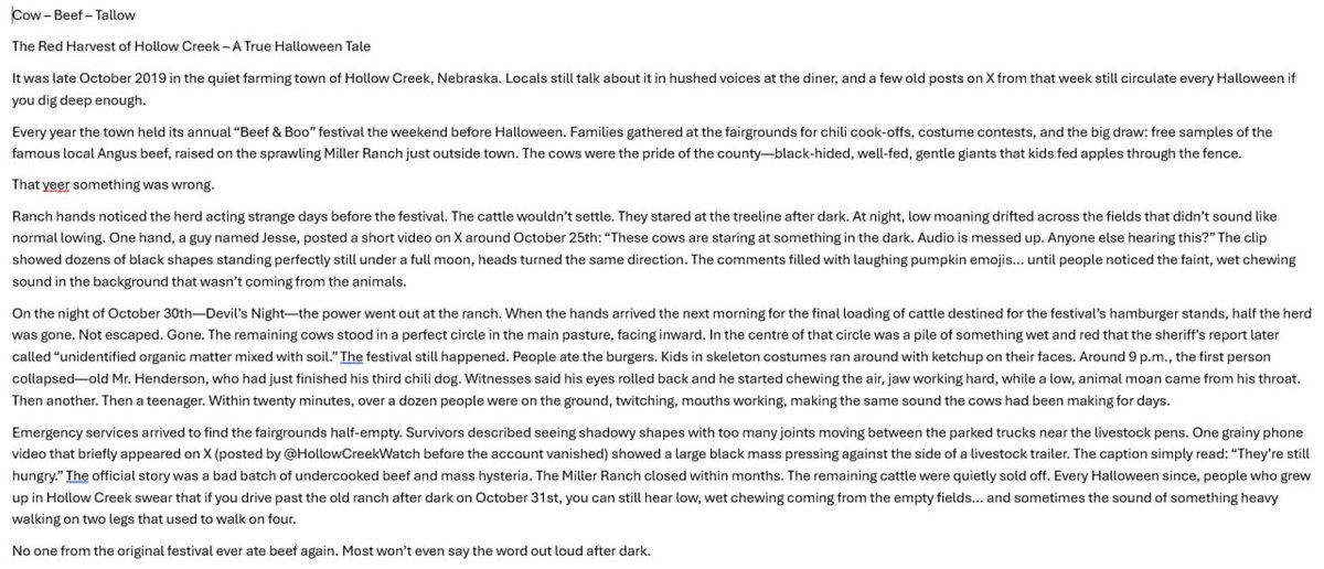 Troyy_Solana's tweet photo. MEGA LORE - Talloween – Just GPT “The Red Harvest of Hollow Creek”
In addition to beef being the real horror:
https://t.co/dwW4HPpAVM https://t.co/xZayXObwKR