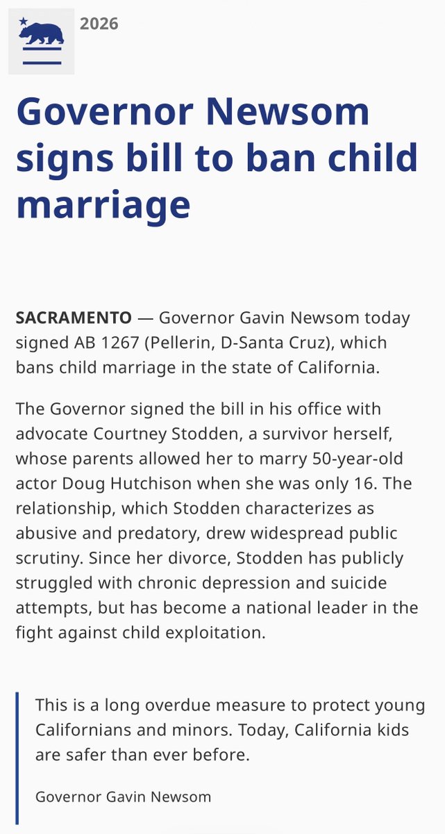 UnchainedAtLast's tweet photo. With AB 1267, California is saying something incredibly simple:

Childhood should not include marriage.

18. No exceptions. https://t.co/bMumwc3x5s