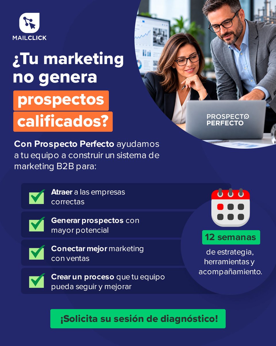 mailclick's tweet photo. ¿Tu empresa B2B hace marketing, pero ventas sigue recibiendo pocos prospectos calificados? 🎯

Con Prospecto Perfecto ayudamos a tu equipo a construir un sistema para atraer mejores oportunidades y alinear marketing con ventas. 🚀

👉 Conoce el programa: https://t.co/6XWmmoPy1I https://t.co/sWA5TG7ujT