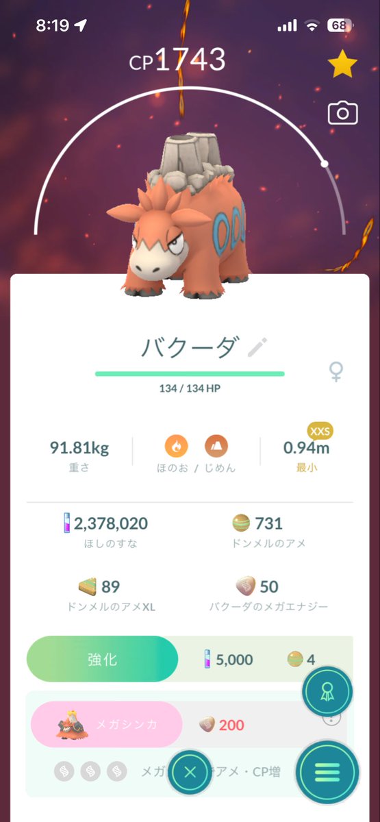 SENYOU_DQR's tweet photo. 買出しがてらポケGO進めてたら小さなドンメルを捕まえたので進化させてみた。

元々の子と1cmしか違わないのにこの重さの差はバグレベルでは🤣
3枚目の子と同じ種とは思えない（笑）

#ポケモンGO https://t.co/kxYUMyF2UJ