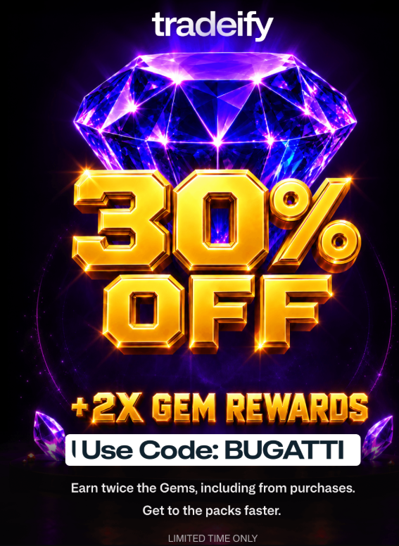 UncleBugatti's tweet photo. Giving out 2 free pack codes for @Tradeify 

Just Like &amp; comment what you wish its in those pack
Winner will be pick Friday Tomorrow 10/2 lol

30% OFF +2X Gem rewards
Use Code BUGATTI
https://t.co/LfIwi0CWhH https://t.co/Ij6BVn4zPV