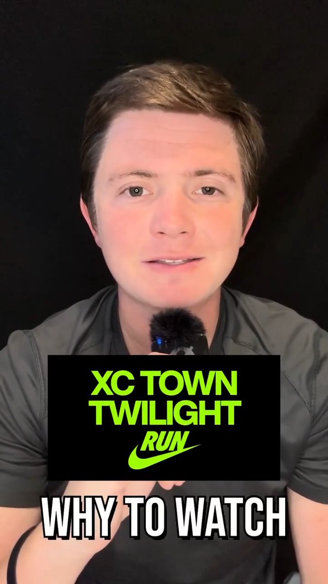 A man speaks into a microphone in front of a black background, with graphics reading "XC TOWN TWILIGHT RUN" alongside the Nike swoosh logo and "WHY TO WATCH" text overlaid on the image, promoting coverage of the Nike Cross Country Town Twilight event on RunnerSpace.com.