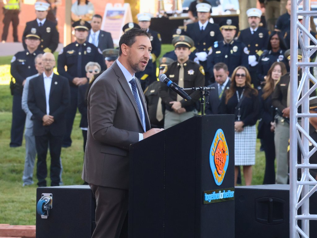 ClarkCountyNV's tweet photo. Clark County gathered for our 1 October Sunrise Remembrance Ceremony to honor and remember the 58 lives lost and the two others later who passed away from their injuries, the survivors, the first responders, and all those forever impacted by #1October.
 
We extend our deepest gratitude to our @ClarkCountyFD, @LVMPD,  and @ResJustCenter for their continued dedication, strength, and support for our community.
 
Special thanks to Nevada Governor Joe Lombardo, LVMPD Sheriff Kevin McMahill, and Clark County Commissioner @CommishNaft  for sharing meaningful remarks on unity, resilience, and memory.
 
Each year, we hear from a family member who lost a loved one during that night. This year, Debby Allen shared a heartwarming tribute to her son, Christopher Roybal, who was a U.S. Navy combat veteran. Her youngest son, Jayson paid tribute to his brother with a deeply touching performance of "Scars in Heaven." 
 
To the families, survivors, and community members, we stand with you today and always. We continue to honor the lives lost and impacted nine years later and we will #NeverForget no matter how many years pass. #VegasStrong #VegasStronger
