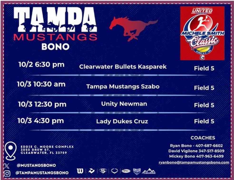 GemmaViglione18's tweet photo. The stage is set, the schedule is out, and we’re ready for an exciting weekend at the Michele Smith Classic!

Every game is another chance to challenge ourselves, grow, and show what we’ve been working toward.

Strong competition. Big opportunities. Same love for the game.

Let’s get to work, @MustangsBono ! ❤️💙🐎

#TampaMustangsBono #MicheleSmithClassic #2026FallSoftball #ClassOf2030
#GemmaVigs18