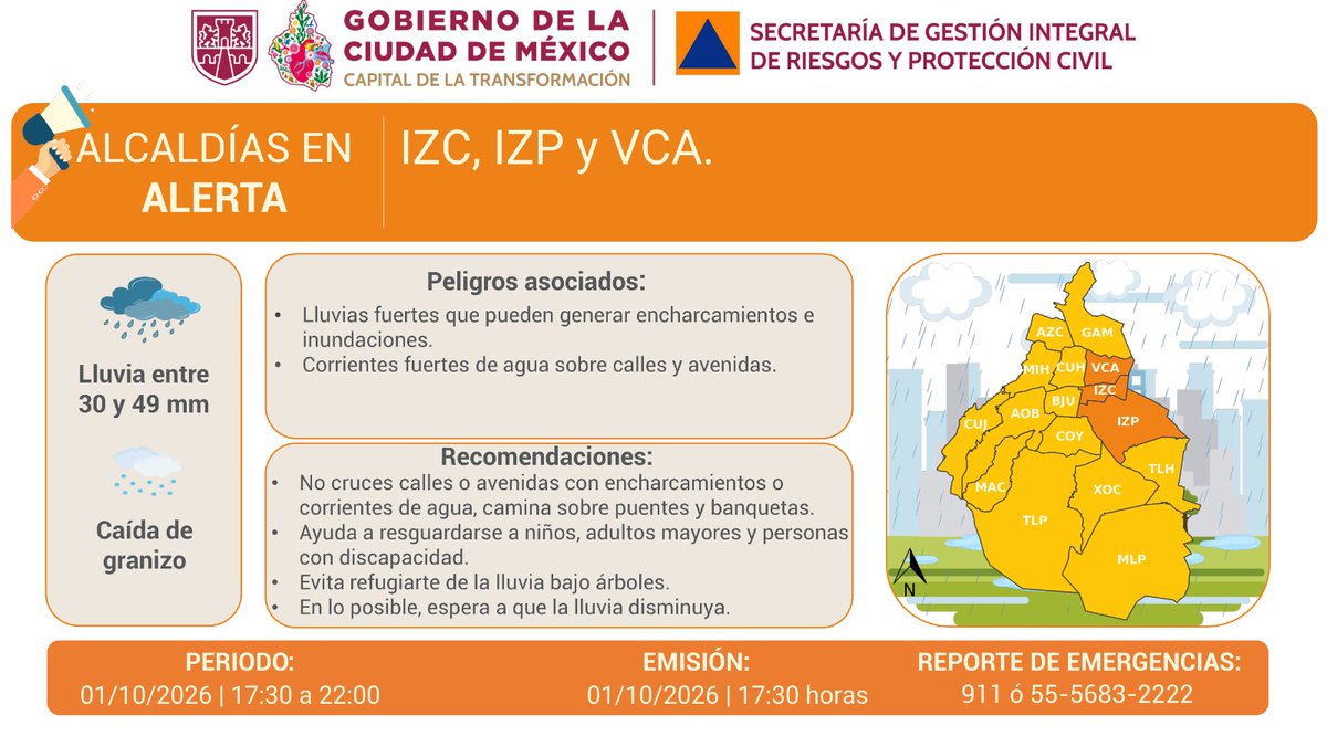 SGIRPC_CDMX's tweet photo. ⚠️🌧 Se activa #AlertaNaranja por persistencia de #lluvias fuertes y posible caída de #granizo para la tarde y noche del jueves 01/10/2026 en las demarcaciones: @IztacalcoAl, @Alc_Iztapalapa y @A_VCarranza.

Atiende las recomendaciones y mantente informado.

#PronósticoDelTiempo #LaPrevenciónEsNuestraFuerza