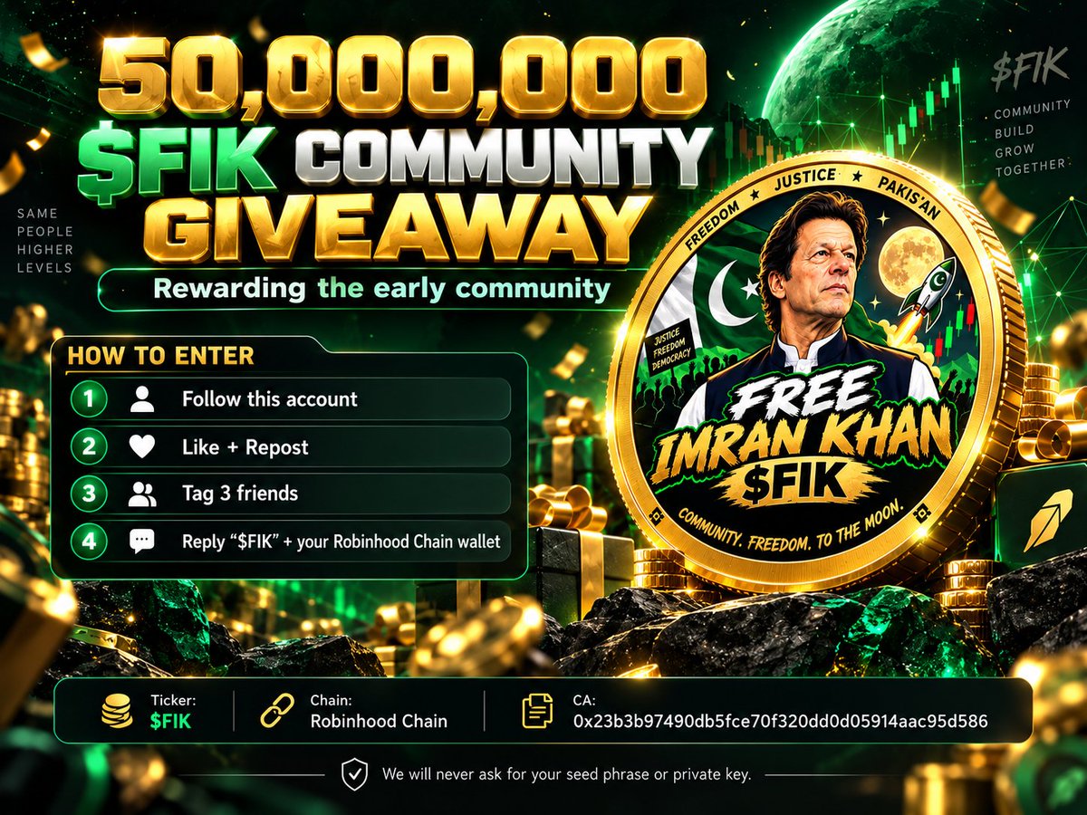 FIKMeme's tweet photo. 🔥 50,000,000 $FIK COMMUNITY GIVEAWAY 🔥

We’re rewarding the early $FIK community with a massive 50M $FIK giveaway! 🚀

To participate:

1. Follow the official $FIK account

2. Like + Repost this post

3. Tag 3 friends

4. Reply “$FIK” + your ETH / Robinhood Chain wallet address 🔗

🎁 50,000,000 $FIK allocated for the community

📜 CA: 0x23b3b97490db5fce70f320dd0d05914aac95d586

⚠️ Share only your public wallet address. Never share your seed phrase or private key.

$FIK COMMUNITY — LET’S GROW TOGETHER 🔥🚀