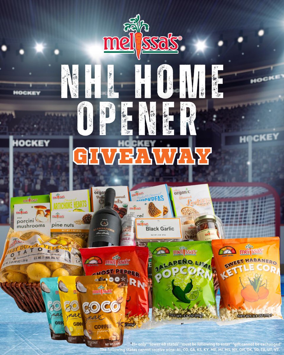 MelissasProduce's tweet photo. 🏒 NHL IS BACK! 🏒

We’re kicking off hockey season with a Melissa’s NHL Home Opener Giveaway! 🏆🥔🌶️🍿

Want to win this game-day prize pack?

• Follow @MelissasProduce
• Like + repost this post
• Get ready for puck drop! 🏒

Home openers are happening all week:

🏒 Oct. 1, Rangers vs. Lightning at @TheGarden
🏒 Oct. 3, Islanders vs. Devils at @UBSArena
🏒 Oct. 4, Ducks vs. Panthers at @HondaCenter
🏒 Oct. 6, Kings vs. Panthers at @cryptocomarena
🏒 Oct. 7, Capitals vs. Penguins at @CapitalOneArena

Which home opener are you watching or going to? Tag your game-day crew and the arena! 👇

21+ only. Lower 48 states. Must be following to enter.

#MelissaProduce #NHL #NHLHockey #HockeySeason #Giveaway