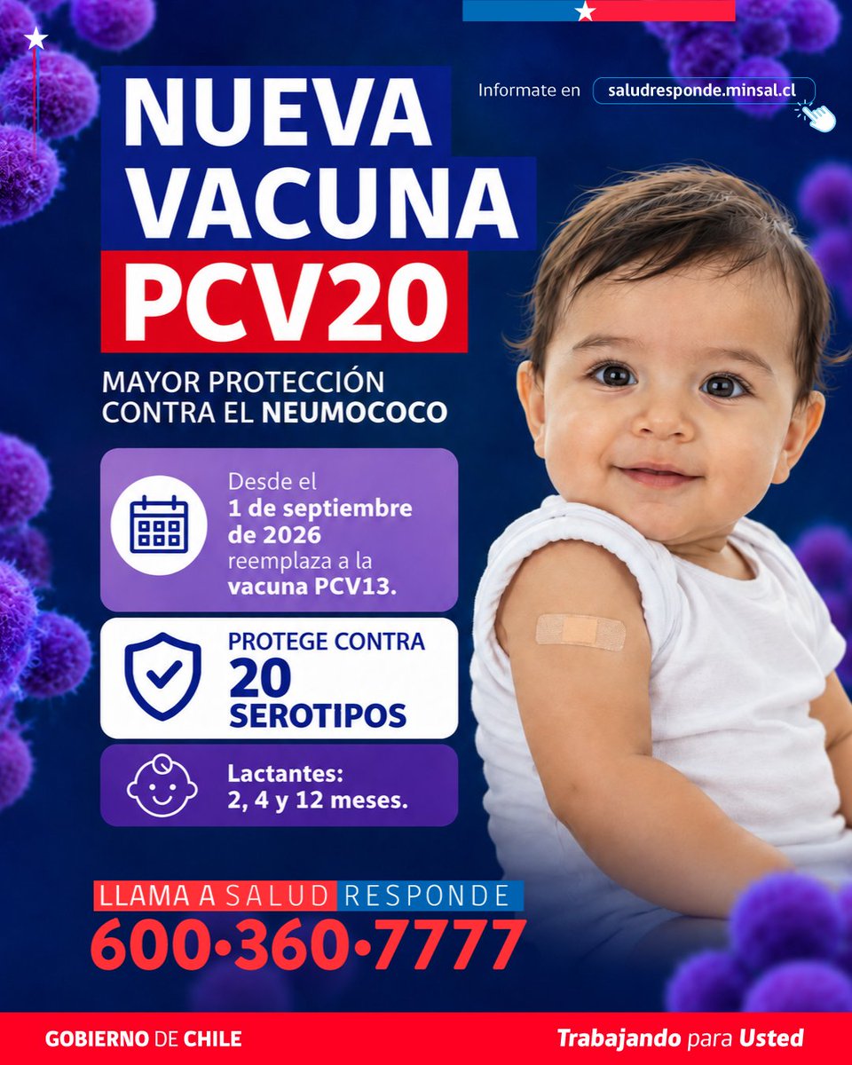 Salud_Responde's tweet photo. 💉 Desde el 1 de septiembre se incorporó la vacuna para lactantes antineumocócica PCV20, que reemplaza a la PCV13.
✅Más Protección
✅ Protege contra más variantes (las más comunes y peligrosas)
📅 2, 4 y 12 meses.
🌐 https://t.co/YWEa5Gcw9s
📲 600 360 7777 https://t.co/92tvHPdA1v