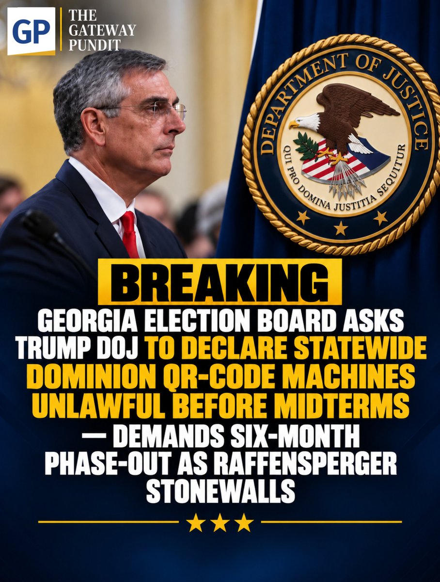 gatewaypundit's tweet photo. Georgia’s Republican-controlled State Election Board has formally invited the Trump Department of Justice to step in and shut down the Peach State’s unverifiable, QR-code voting system before voters start casting ballots in the 2026 midterms.

In a September 30 letter to Attorney General Todd Blanche, State Election Board Executive Director James Mills asked the DOJ to prohibit the use of “unreadable, unverifiable QR-code-based vote tabulation and any other electronic tabulation method that does not permit the voter to verify the vote that is actually counted,” concerning Georgia’s Dominion voting system, now owned by Liberty Vote USA.

Read the rest of the story, link in the comments.