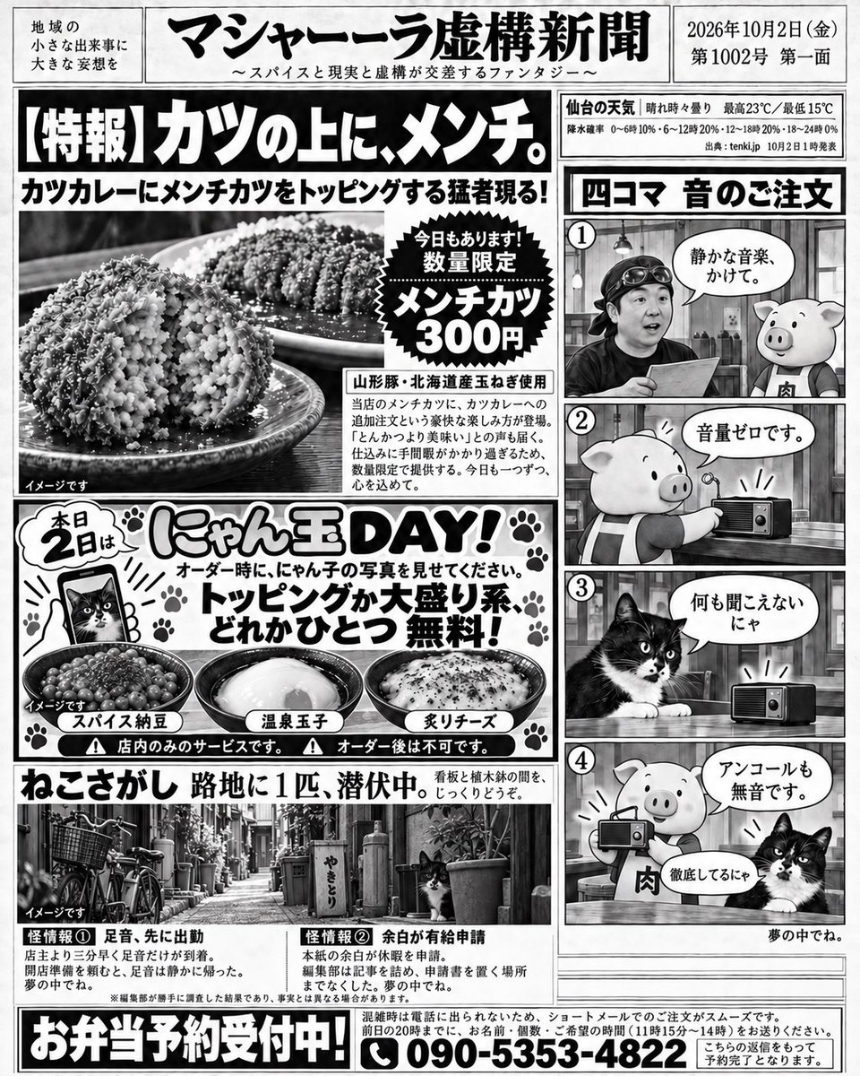 currymasara's tweet photo. 10/2（金）
【本日にゃん玉DAY】

💥特報：カツの上に、メンチ。
カツカレーに数量限定メンチカツ（300円）を乗せる猛者が現れました！山形豚×北海道産玉ねぎの贅沢仕込みです🐖🧅 https://t.co/H1w5XIPVly