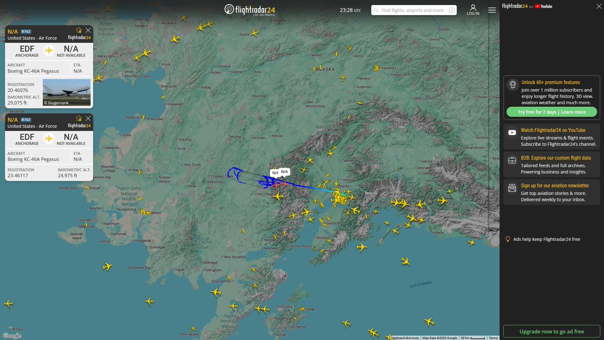 AIYeyENGDdJkjTr's tweet photo. Oct. 2, 2026
#Anchorage Elmendorf Air Force Base
#NoCALLSIGN #AE63B8 USAF KC-46A Pegasus
#NoCALLSIGN #AFEAD2 USAF KC-46A Pegasus https://t.co/PqgjLkFAIq