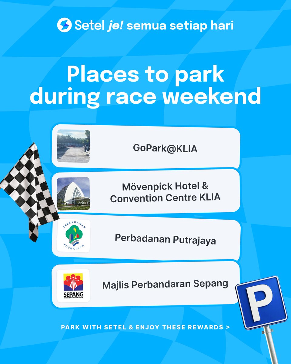setel's tweet photo. 🏎️ Vroom vroom! Heading to PETRONAS Sepang International Circuit for race weekend? Setel your parking!

Looking for a more affordable way to park near the circuit? Try:

📍 GoPark@KLIA
📍 Mövenpick Hotel & Convention Centre KLIA

Street parking is also available at:

📍 Majlis Perbandaran Sepang
📍 Perbadanan Putrajaya

And there’s more!

💸 Get 50% OFF your first park.

🏁 Park with Setel by 5 October and redeem the Baku Race Badge!

💎 Setel Savers subscribers earn 2x Mesra Rewards points for every RM5 spent on eligible parking. Plus, enjoy a 1-month FREE trial on us. Subscribe today!

Skip the pricey parking passes. Make race weekend easier with Setel!✨

*This campaign is independently created by Setel and is not affiliated with, endorsed by, sponsored by, or officially associated with any motorsport events, organisers, or rights holders.

#Setelje #SetelUntukMalaysia #SetelFromTrackToYou