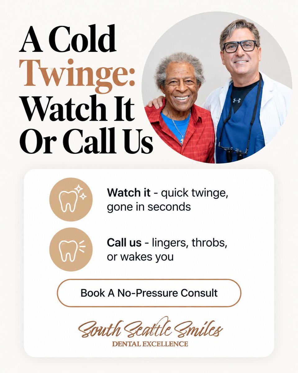 SSeattleSmiles's tweet photo. That sip of ice water shouldn't make you flinch. Sometimes a cold twinge is nothing - sometimes it's your cue to call.

Gone in seconds? Watch it. Lingers or throbs? Book a no-pressure consult. South Seattle Smiles https://t.co/wxRq0MykYl