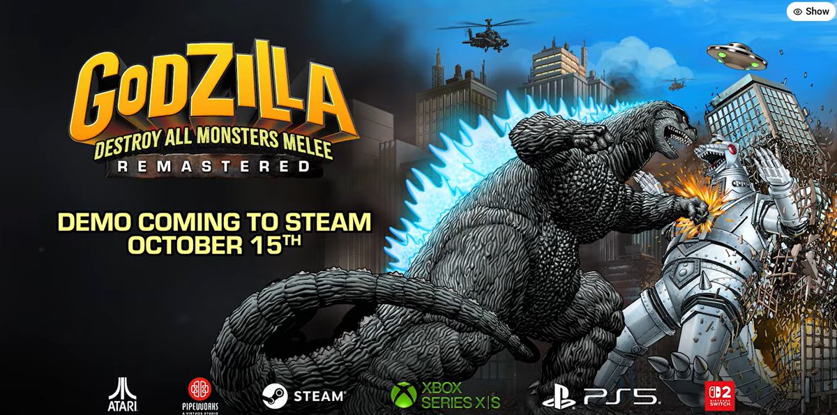 GodzillaGuyZ's tweet photo. It's been 4 months since Godzilla Destroy All Monsters Melee Remastered was announced, a demo for Steam will be released next week on the 15th!

We're 1 month and 28 days away from release! https://t.co/YcbwRI4bJr