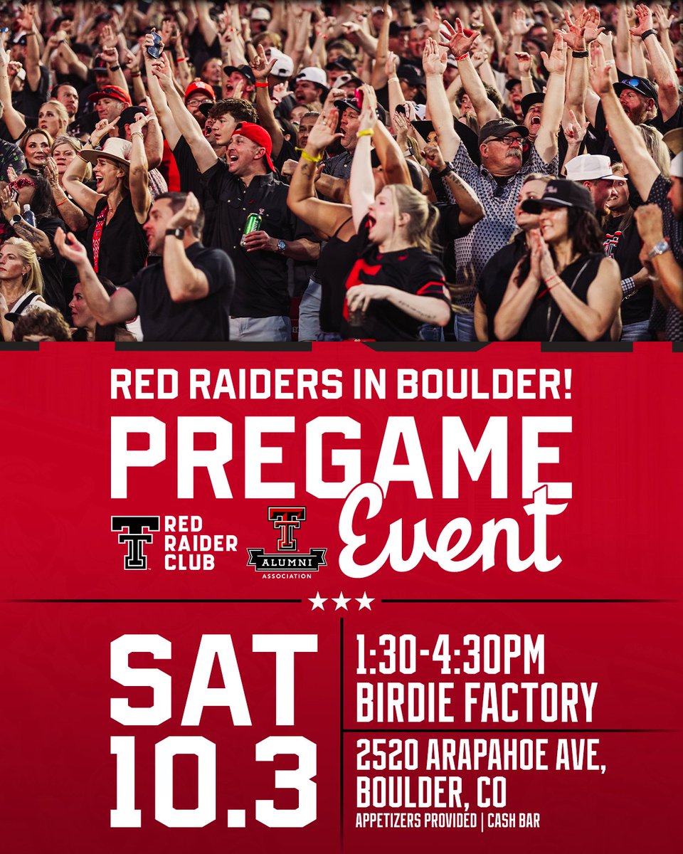 RedRaiderClub's tweet photo. Boulder, we'll see you soon 🏔️

Join us at the official Texas Tech pregame event this Saturday and get ready to cheer on your Red Raiders! https://t.co/sjndPpybsF