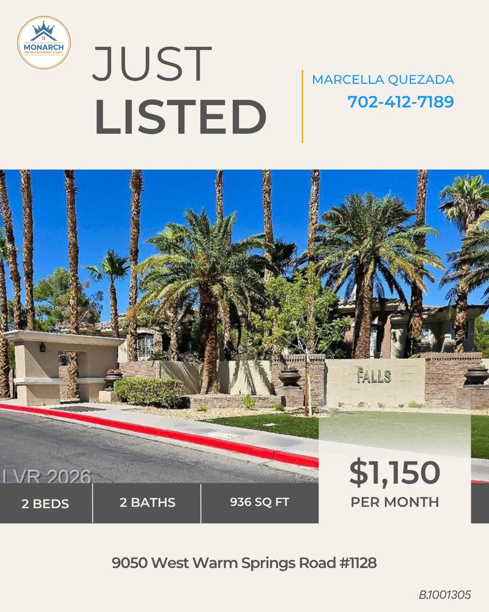 mgm_monarch's tweet photo. ✨ JUST LISTED! 🏡

📍 9050 W Warm Springs Rd #1128
🛏️ 2 BD | 🛁 2 BA | 📐 936 Sq. Ft.
🏊 Community Pool
💰 $1,150/mo

📞 702-412-7189 to schedule a showing!

#LasVegasRentals #ForRent #MonarchPM https://t.co/6Bf9aqe0m0