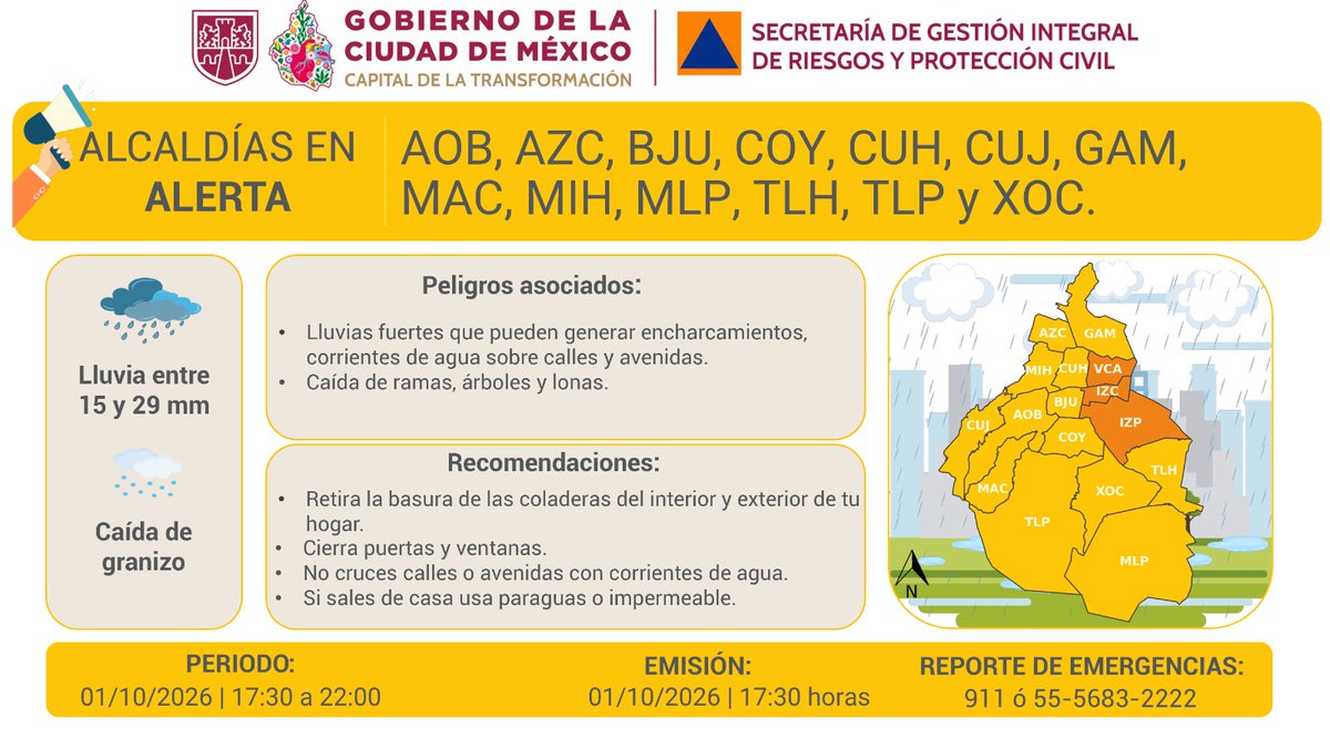 SGIRPC_CDMX's tweet photo. ⚠️🌧 Se mantiene #AlertaAmarilla por persistencia de #lluvias fuertes y posible caída de #granizo para la tarde y noche del jueves 01/10/2026, en las demarcaciones: @AlcaldiaAO, @AzcapotzalcoMx, @BJAlcaldia, @Alcaldia_Coy, @AlcCuauhtemocMx, @TuAlcaldiaGAM, @ALaMagdalenaC, @AlcaldiaMHmx, @AlcMilpaAlta, @TlahuacRenace, @TlalpanAl y @XochimilcoAl.

Atiende las recomendaciones y mantente informado.

#PronósticoDelTiempo #LaPrevenciónEsNuestraFuerza