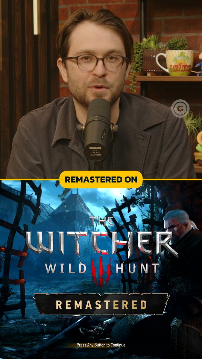 A man with glasses speaking into a microphone above a promotional graphic for 'The Witcher 3: Wild Hunt Remastered'.