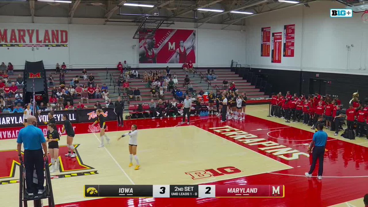 A volleyball match between Iowa and Maryland at the Big Ten Championship, shown on a Big+ broadcast with the score Iowa 3, Maryland 2 in the 2nd set, UMD leading 1-0.