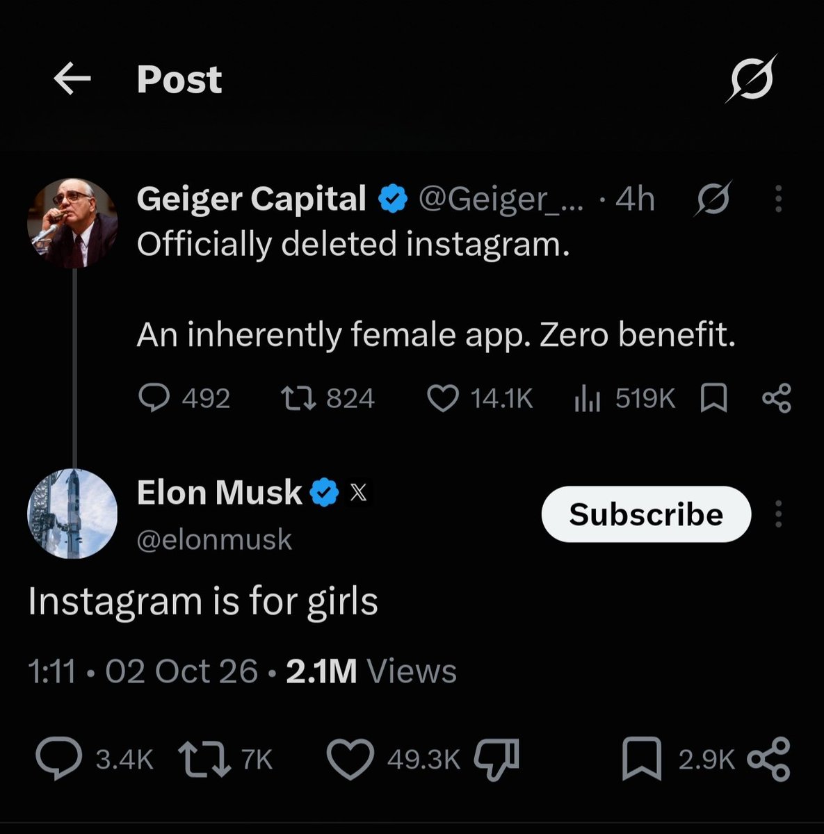 Avitiwariji's tweet photo. 🔥 Elon Musk: “Instagram is for girls.”

Agree or disagree? 👀 https://t.co/HdNzxzHZqQ