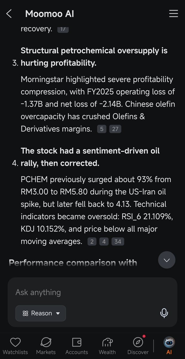 88Navin's tweet photo. In the Realms of Bear Market

Bear market. Opportunity and sorrow, side by side.
I keep seeing people say petchem stocks aren't following crude. Half true. 
This is where Moomoo AI earns its keep. 

#MoomooAI, #AITrading, and #MoomooMalaysia https://t.co/L3zayGuTiO