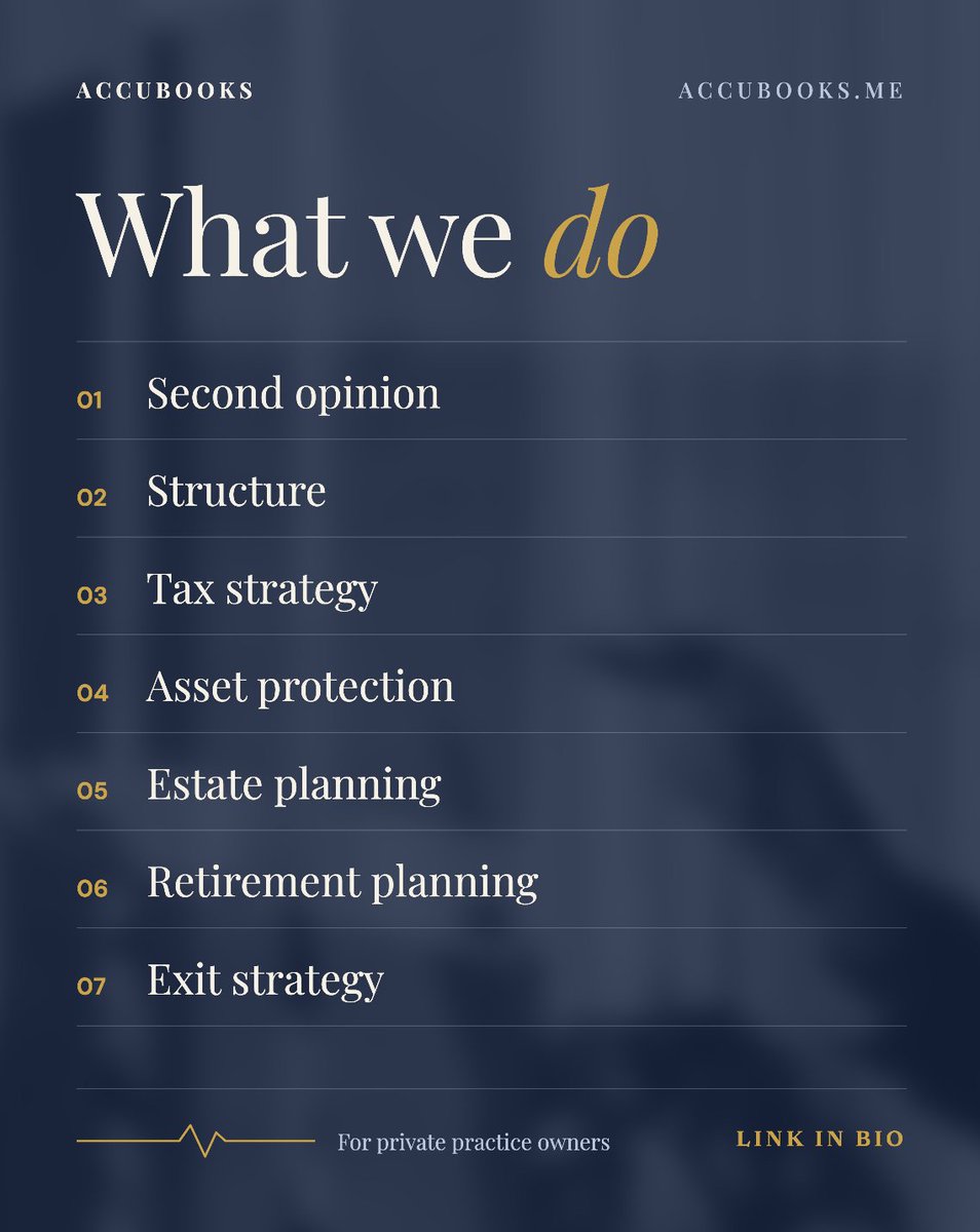 AccubooksMe's tweet photo. Welcome to AccuBooks! 

You run the practice. We handle the strategy behind it: structure, taxes, asset protection, estate, retirement, and exit planning. #PhysicianFinance #TaxPlanning  #TaxStrategist #PrivatePractice https://t.co/8A0r79uclr
