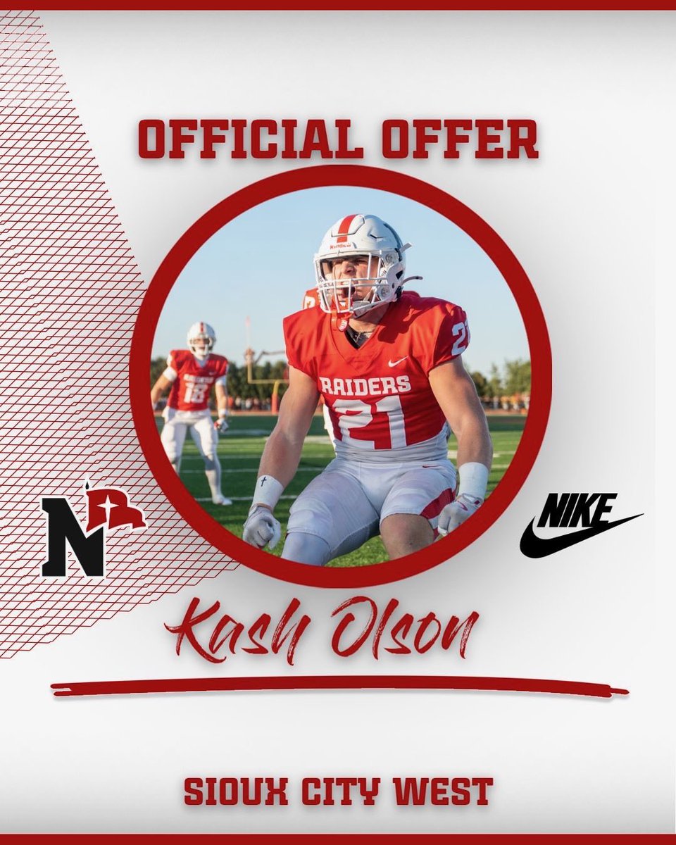 Kash_Olson_'s tweet photo. After a great conversation with @CoachBMoser I’m blessed to receive an offer from Northwestern! GO RAIDERS!

@LeeIrvine734 @Playmaker_3 @SSI_Siouxland @OJW_Scouting #bleedgreen https://t.co/MmXLCmeeRc