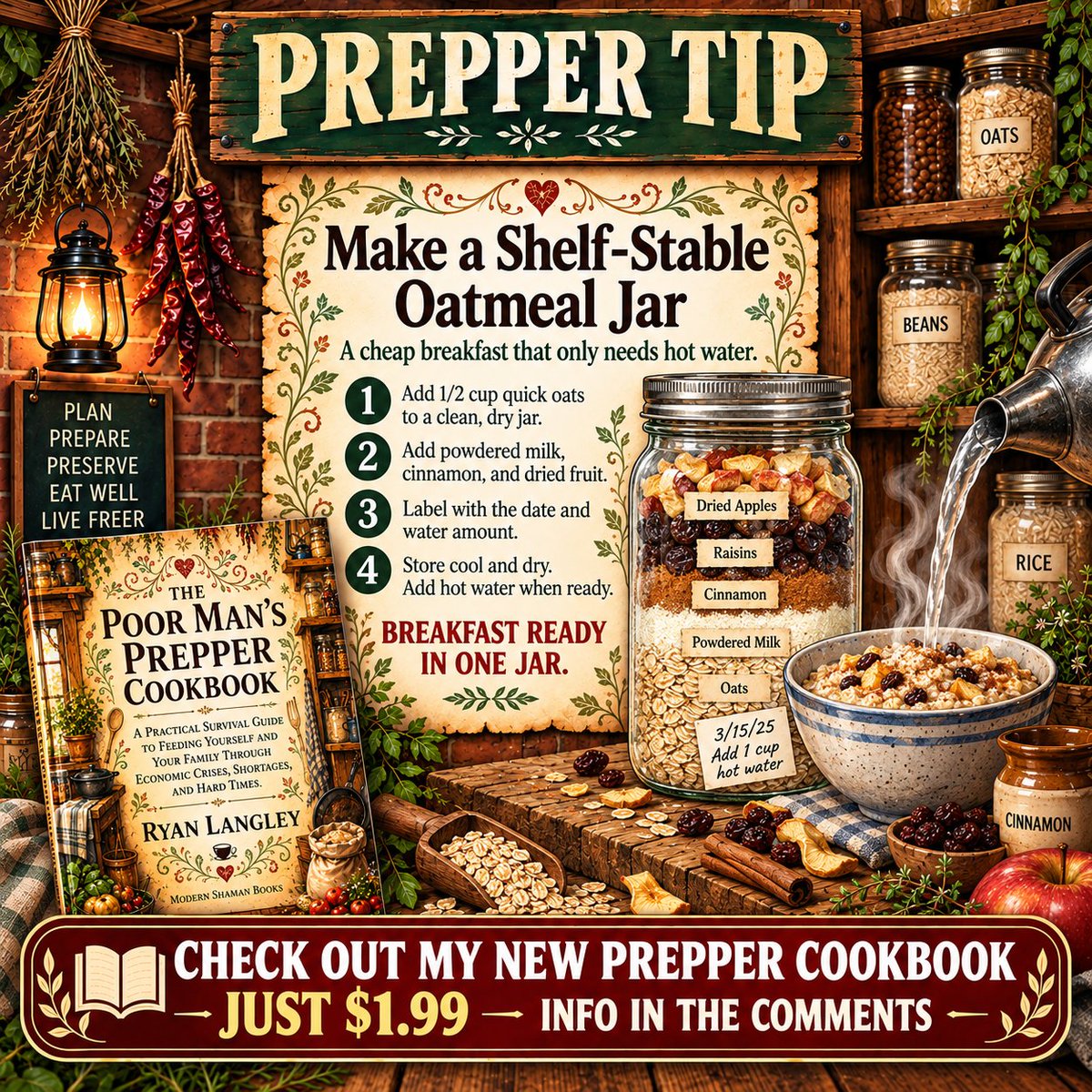 ModernShamanX's tweet photo. #PrepperTip ๐ซ Make a shelf-stable oatmeal jar ๐ Oats + dried fruit + nuts ๐ฅ Just add water for a hot cheap meal ๐ฅฃ
181-page prepper cookbook, just $1.99 ๐
https://t.co/zRXCeib5Tj
https://t.co/wNg5qNsjtI
#Prepper #Survival https://t.co/qYrPXYcqXH
