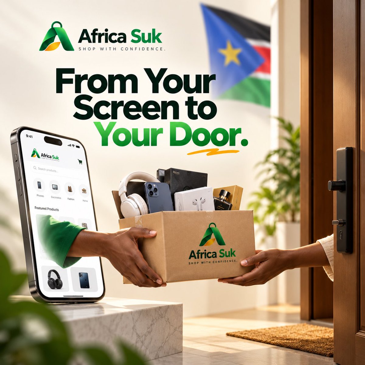 africasuk's tweet photo. From Your Screen to Your Door. 📱📦

Shopping is about to get easier.

With AfricaSuk, you’ll be able to find products online and order from your phone.

We’re working to bring you:

AfricaSuk is coming soon.
Shop with Confidence. 🌍💚
#AfricaSuk #SouthSudan #OnlineShopping https://t.co/1BPWhL4v5m