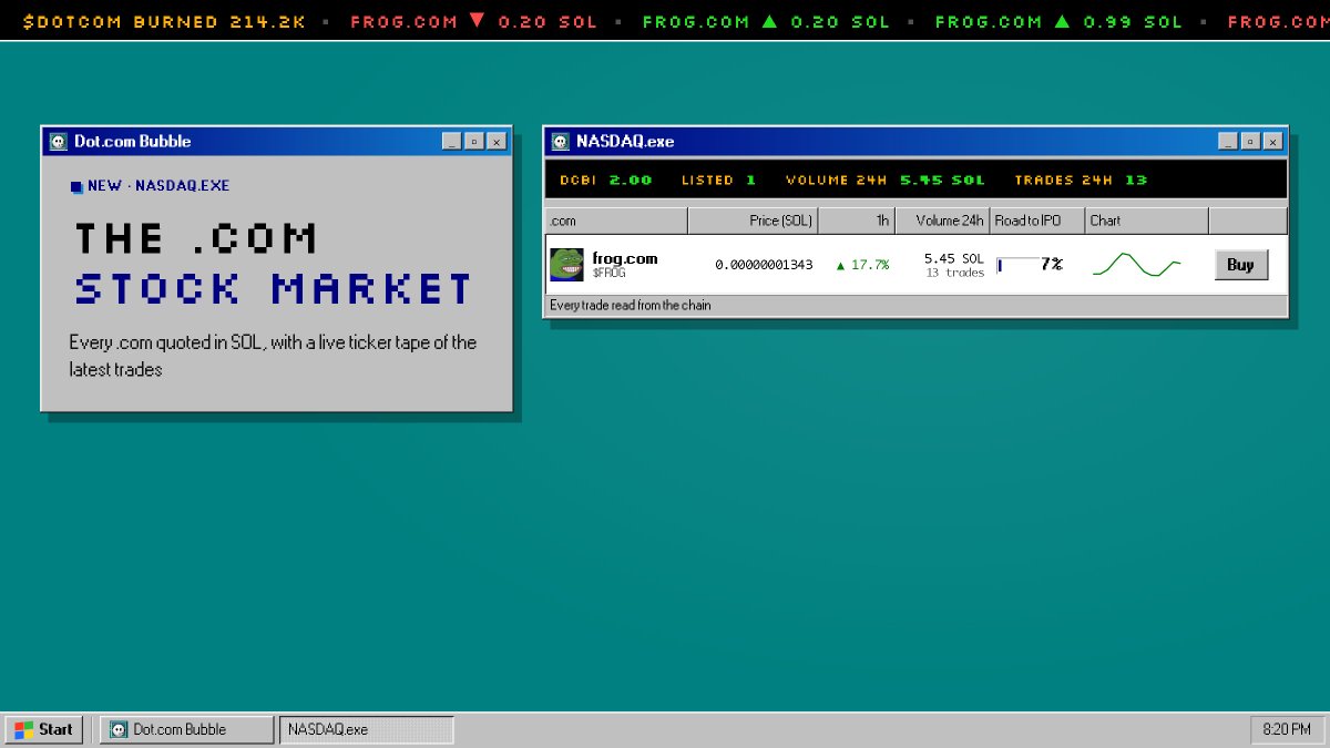 dotcombubble_'s tweet photo. NASDAQ.exe is live

A real ticker tape of every .com trade, a stock table with price, volume and road to IPO, and the $DOTCOM burn counter running on top

214K $DOTCOM burned so far https://t.co/gSlOEakZ6P