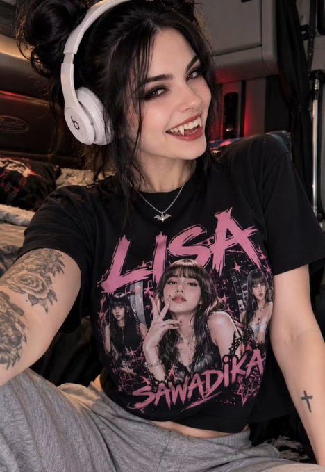 A young woman wearing white Beats headphones and a black 'LISA SAWADIKA' t-shirt smiles at the camera, showing a tattoo on her arm.