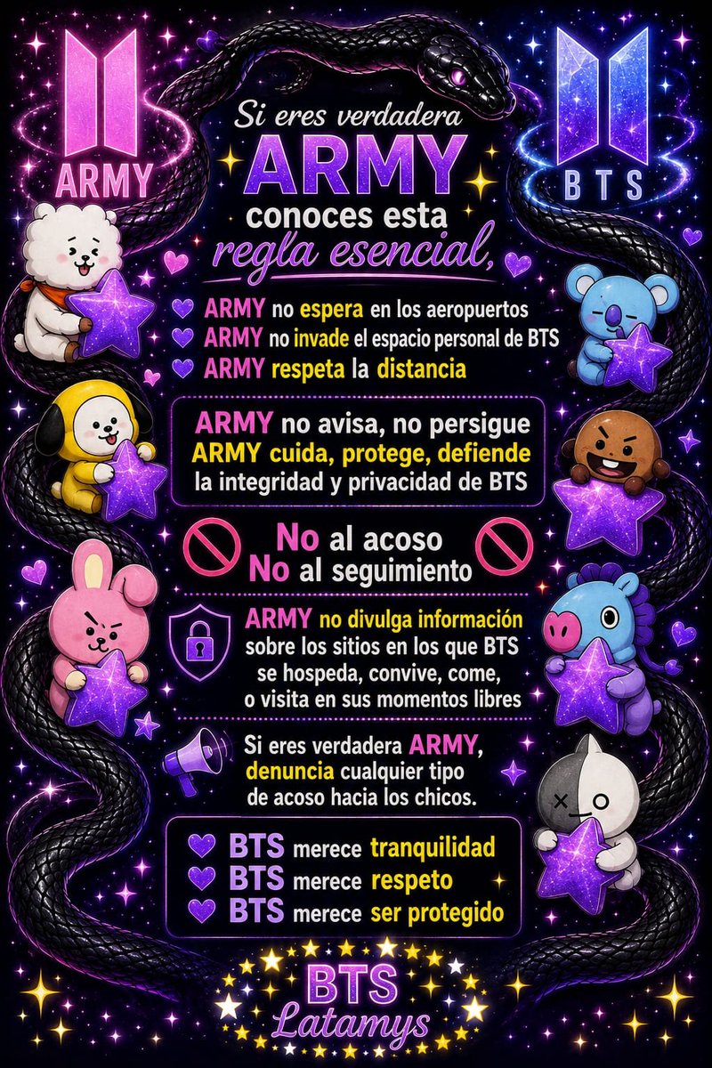 LirioEmbrujado's tweet photo. ARMY no acosa 🚫  
ARMY no invade 🚫  
ARMY respeta ✅  
ARMY cuida de BTS ✅

ARMY vota por BTS en los Arias #ARIASBTS https://t.co/66vzDG3wVp