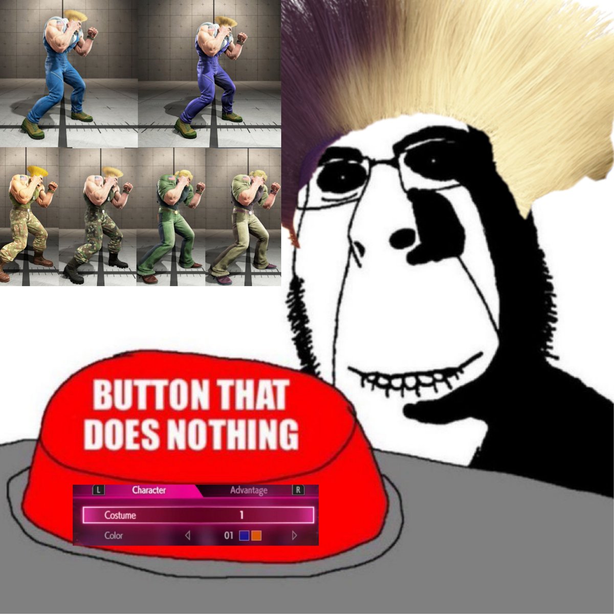 Max3eyes's tweet photo. Guile now has a near identical color for all 3 costumes. I don't usually like being negative but this slander is too good to pass up: https://t.co/W6WVfyMGsi