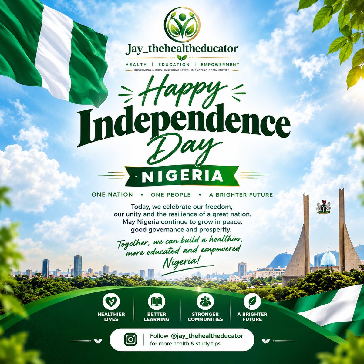 sonde42202's tweet photo. Happy Independence Day, Nigeria! 🇳🇬💚🤍💚

May our nation continue to grow in peace, unity, good health, education, and prosperity.

Together, let’s contribute to building a healthier, more educated and empowered Nigeria. 🇳🇬✨

#IndependenceDay #Nigeria #October1 @sonde42202 https://t.co/TcbHs0YPeh