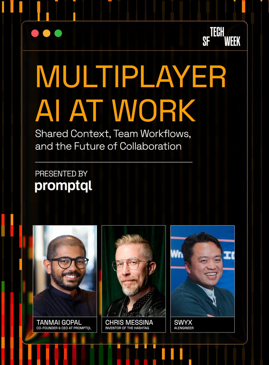 PromptQL's tweet photo. AI work shouldn't stop at one person's chat.

We're hosting Multiplayer AI at Work with @tanmaigo, @swyx and moderator @chrismessina.

Oct 7 · 12–2pm PT · SF
Lunch + panel at @techweek_ #SFTechWeek

RSVP: https://t.co/3v1CPODMln https://t.co/UucKpgHgA8