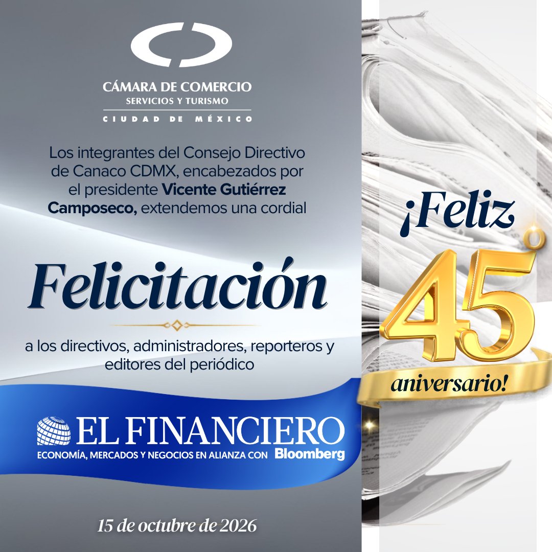 CANACOMexico's tweet photo. Los integrantes del Consejo Directivo de la #CanacoCDMX, encabezados por @V_Camposeco, extendemos una felicitación a los directivos, administradores, reporteros y editores del periódico @ElFinanciero_Mx por la celebración de su 45° aniversario. https://t.co/msHWTTu3vf