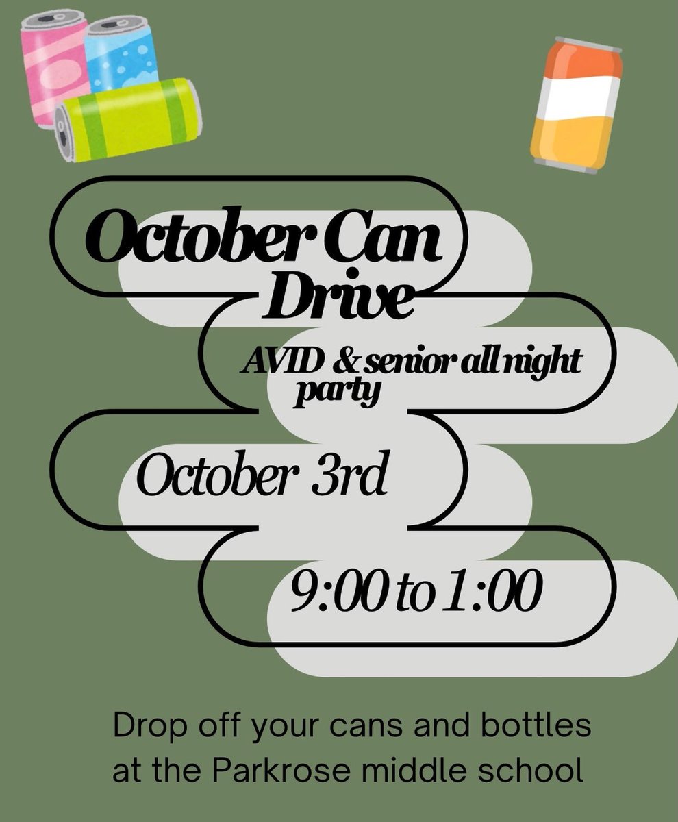 parkrose's tweet photo. October Can drive, THIS Saturday, October 3rd, 9am to 1pm at the Middle School ~ Supporting AVID and SANP https://t.co/JKGcykXlWk