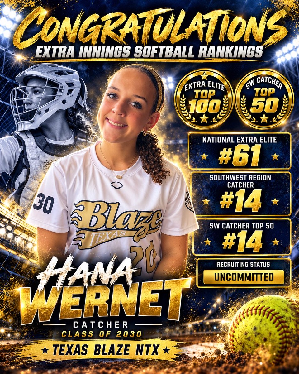 Hana_Wernet's tweet photo. Thank you again, @ExtraInningSB for the ranking and evaluating my skills as a catcher. I’m honored to be ranked with this and excited to continue working! 

@DfwSho @gatorjack72 @TdTomdavis34 @TXBlazeNTXOnes @tagupSoftball @LineDsoftball @ScoutSoftball @SBRRetweets https://t.co/N4HR1Y8DBC