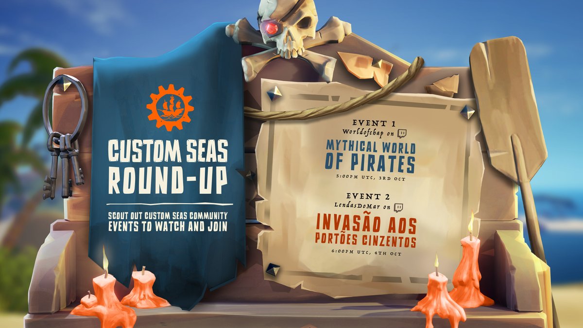 SeaOfThieves's tweet photo. This week in Custom Seas creativity: a contest involving omnipotent crewmates controlling consumables, and a spot of classic attack and defence between The Reaper's Bones and Athena's Fortune!

Hosting your own Custom Seas event? Let other pirates know about it in the replies. https://t.co/oTwqmQOc2n