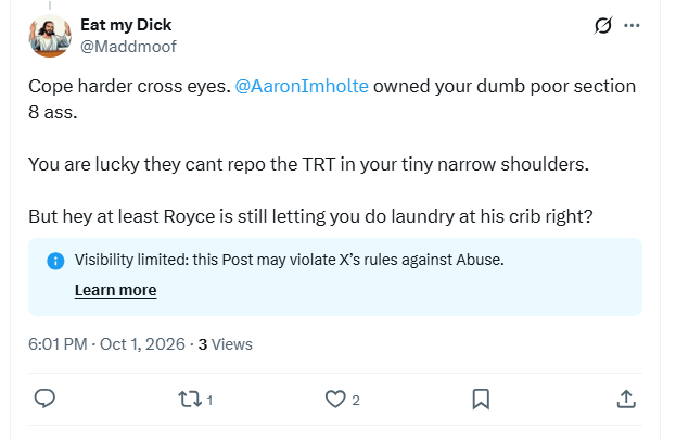 Maddmoof's tweet photo. @NiceGuyMersh 
LMAO reporting my post cuz I called you Cross eyed? 

What's next you going to email my employer? 

You are the epitome of laughingstock https://t.co/kmCnxSaoXV