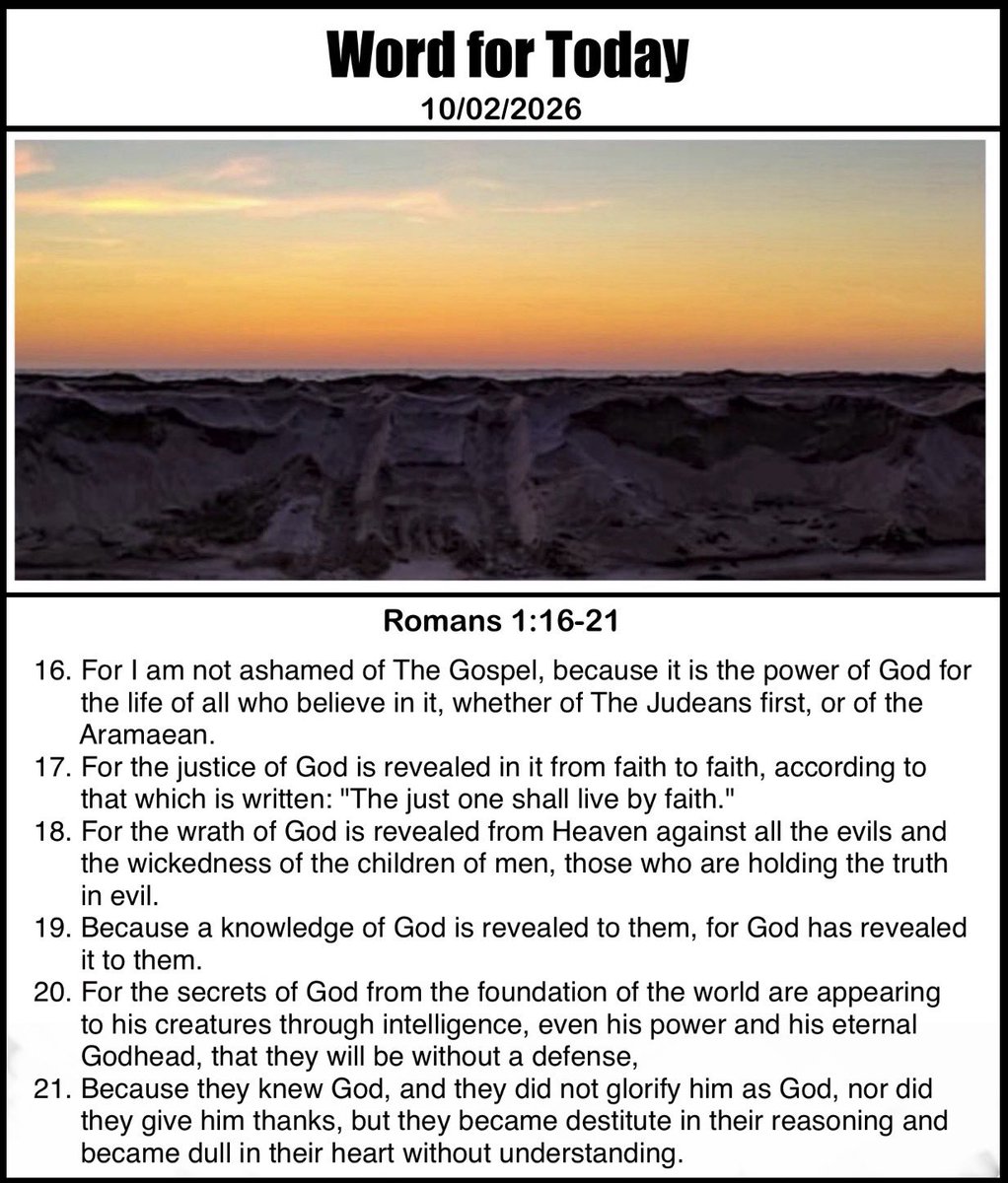 edwardbishopsr's tweet photo. @AnaLee06084892 @MMcLaughlinsong @mercytriumphs_ @AviellaLloyd @TammyDoodleDo @Franklin_Graham @CDNFred @PensivePoet97 @EllaFlash @PilgrimBlues79 @WallWatchmanRC @csaltz7777 @jamielcantu
#WordforToday @edwardbishopsr
10/02/2026
{ Word for Today - 21 Tishrei 5787}
Romans 1:16-21 https://t.co/iWTZH9ZkKv